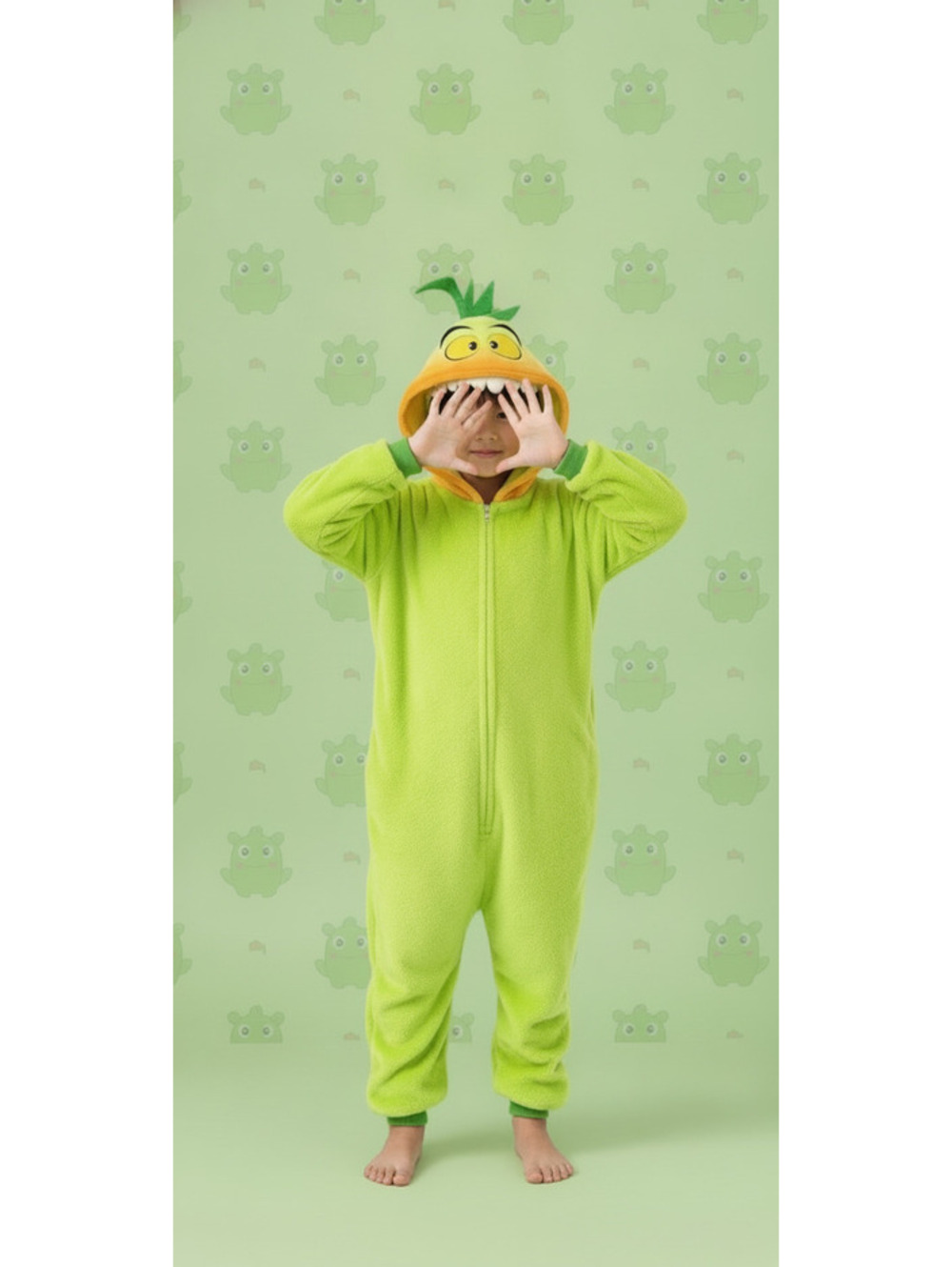 Kids Bright Green Monster Onesie / Hooded Character Costume Jumpsuit 4-5 yo